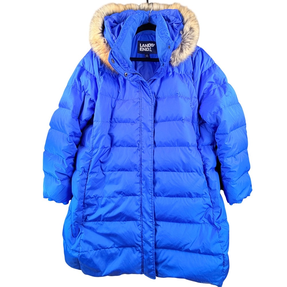 Lands End Womens 1X Blue Down Puffer Parka Faux Fur Trim Hooded Winter Coat